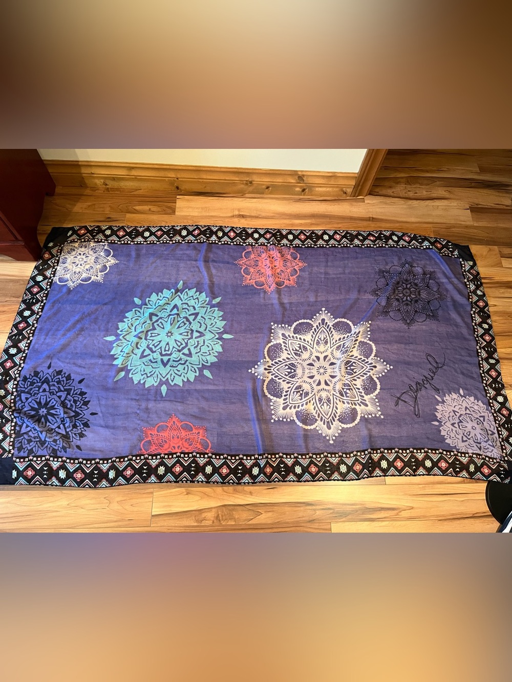 Large Desigual Purple Scarf with Multicolor Geometric Trim